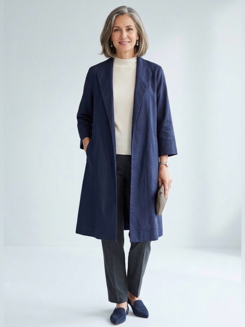 Eileen Fisher Navy Blue Drape Neck Open Front High Collar Swing Coat  XL